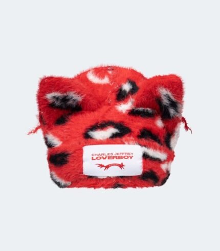 Fluffy Chunky Ears Beanie Red Leopard1