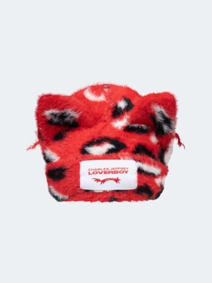 Fluffy Chunky Ears Beanie Red Leopard1